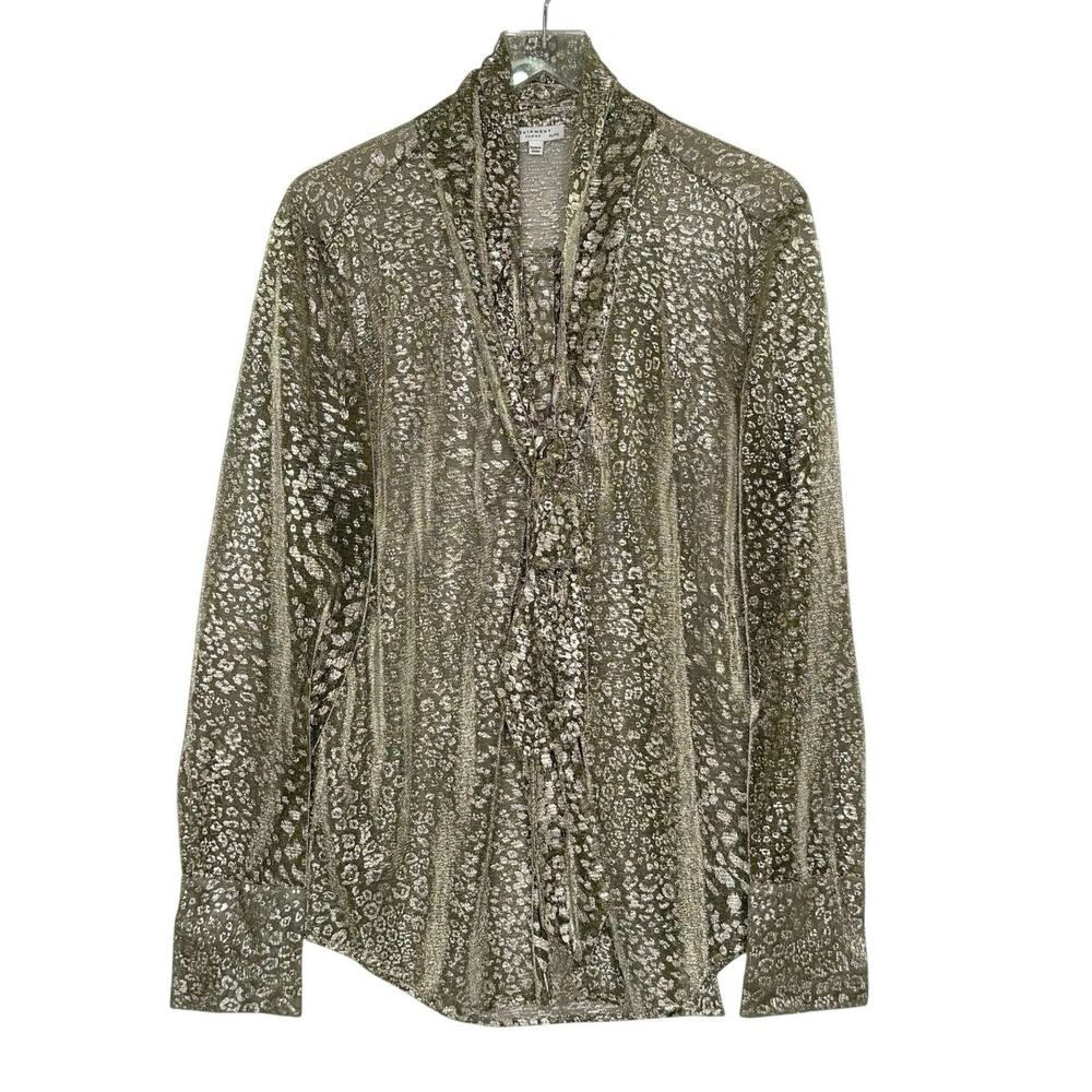Equipment Femme Sheer Metallic Gold Leopard Print Button Front Top XL Tie Neck